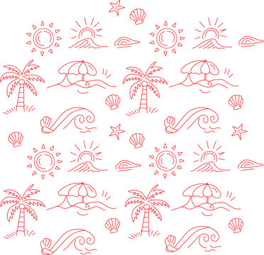 A delightful hand-drawn vector illustration featuring a charming repeating pattern of iconic summer vacation beach elements including stylized sunshine cresting over gentle waves, palm trees with thei