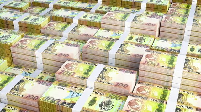 Solomon Islands 100 Dollar Banknotes Stack with Slow Camera Movement, Realistic 3D Animation of Solomon Islands Currency Money 4K