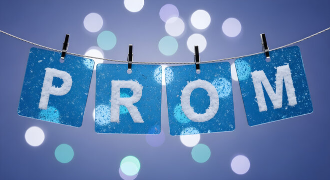 Blue prom banner with glitter on string lights