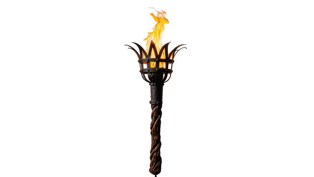 Medieval wrought iron torch with glowing flames, isolated on transparent background