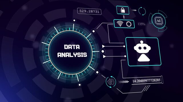 Comprehensive data analysis dashboard with robotic intelligence for automated information evaluation and business insights, hud animation