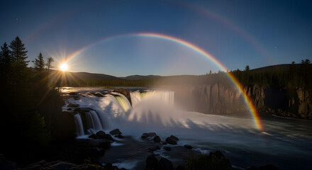 Obraz premium Majestic waterfall cascade illuminated by a breathtaking double rainbow under the glow of the rising or setting sun, creating a vibrant and serene natural landscape view