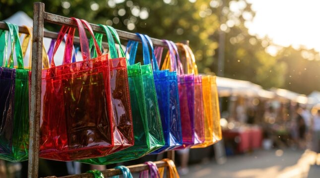 Colorful translucent tote bags hanging on a rack at an outdoor market shopping bags