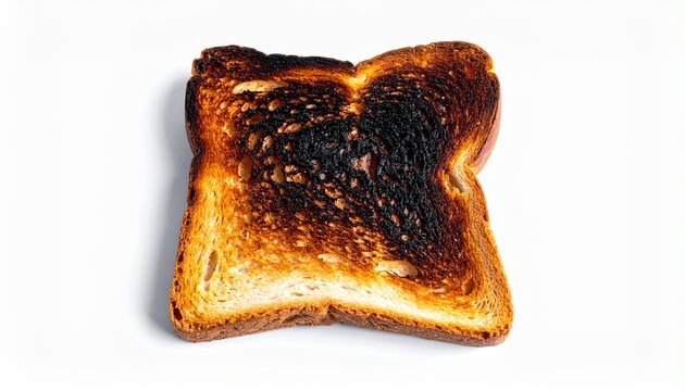 Slice of burnt toast with dark charred surface isolated on white background, food concept, minimal composition
