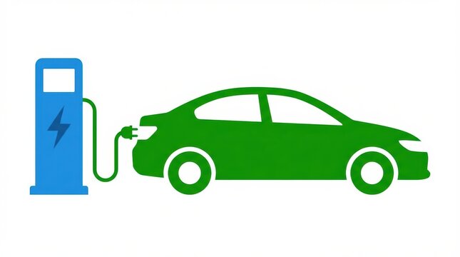Green electric car charging at a blue charging station with a lightning bolt symbol