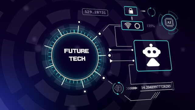 Futuristic technology vision display with robotic assistant icon for next generation innovations and high tech concepts, hud animation