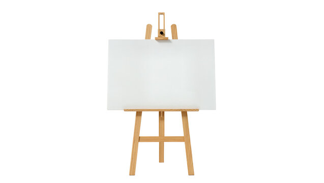 Wooden easel holding blank white canvas, isolated on transparent background