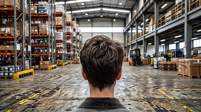 Person standing in a large warehouse space, back view, with boxes and forklifts