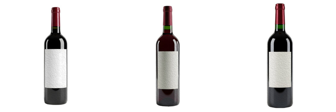 Set of Red Wine Bottles with Blank White Labels - Professional Glass Bottle Mockups for Winery Branding Isolated on White Background
