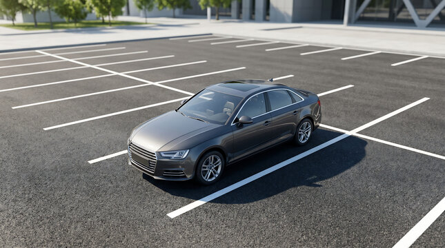 A high-angle view of a silver car parked alone in an empty parking lot outdoors.