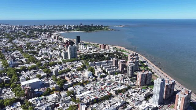 Montevideo Skyline In Maldonado Uruguay. Coastal City Landscape. Nature Seascape. Travel Destination. Montevideo Skyline At Montevideo In Maldonado Uruguay. Highrise Buildings.