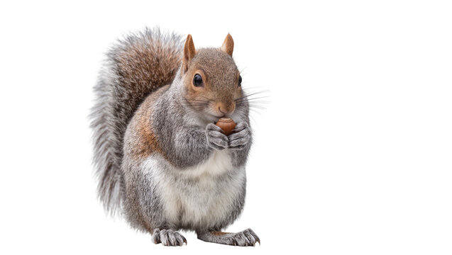 Gray squirrel holding a nut, isolated on transparent background