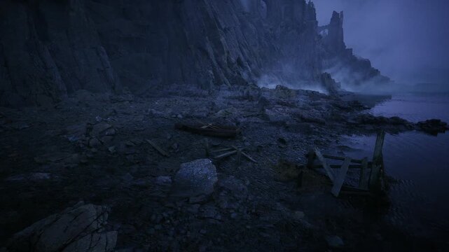 Ominous coastline under deep blue hour low contrast scene with wet stones, scattered debris, quiet surf and looming cliff faces creating cinematic suspense mood