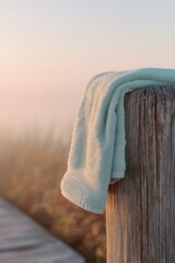 Fototapeta premium Soft green towel hanging on wooden post at beach. Fabric textile for spa and bath accessories. Relaxation and summer vacation concept. Peaceful morning scenery by the ocean.