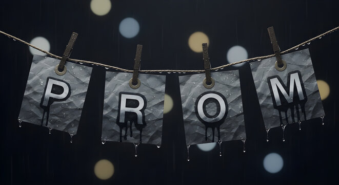Prom banner with skulls and string lights on black background