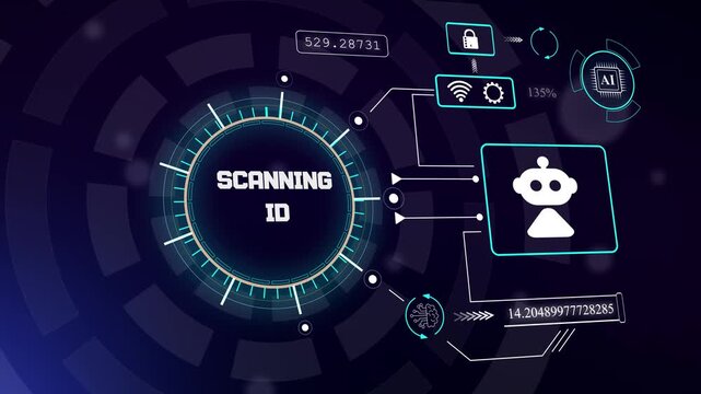 Advanced biometric id scanning dashboard for high tech security systems and automated authorization in tech videos, hud animation