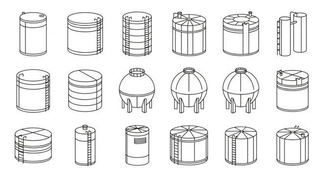 Collection of Industrial Storage Tanks and Containers Line Art.