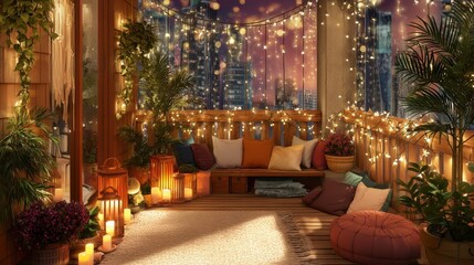 Obraz premium Cozy balcony decorated with warm fairy lights and lanterns at night. Relaxing outdoor lounge area with pillows and plants overlooking the city skyline. Home decor and lifestyle concept.