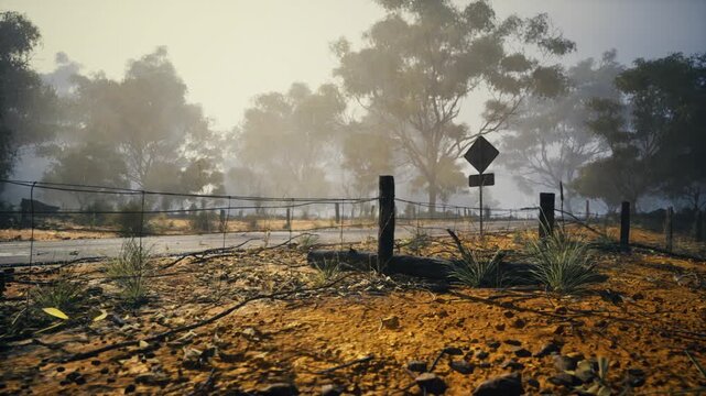 Soft dawn light quiet junction fence and sign, textured earth scattered leaves, distant silhouettes of trees through pale mist, subdued palette with cinematic