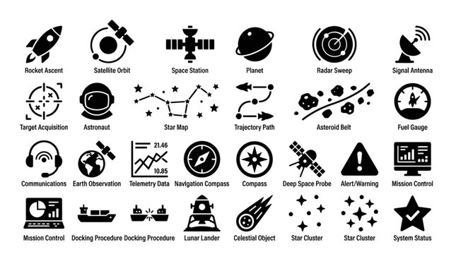 Space Mission Control Icons with Rocket Ascent and Telemetry Data