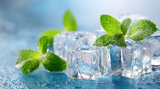 Ice cube with fresh mint leaf. Frozen water block and green herb for cooling beverage. Cold drink ingredient, summer refreshment concept, close up detail of melting crystal texture.