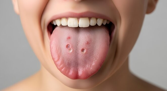 Close up of a human mouth with tongue extended showing geographic tongue