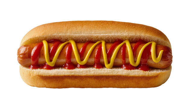 Juicy grilled hot dog with ketchup and mustard drizzle, isolated on transparent background