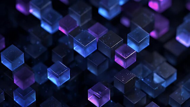 Abstract background featuring geometric glass cubes pulsating with vibrant blue and purple neon light effects in a dark digital space creating dynamic futuristic visual motion for displays.