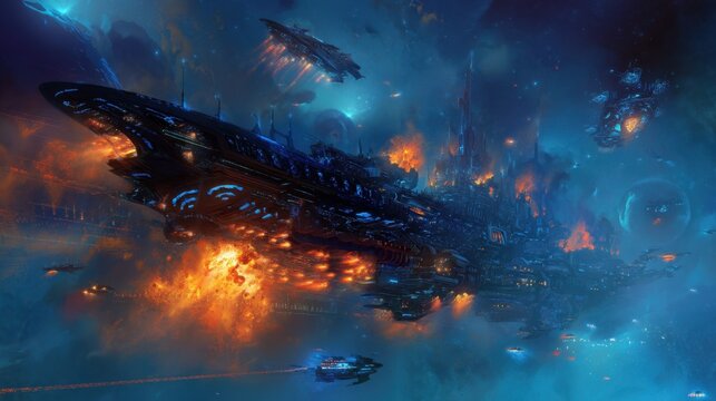 Spaceship in deep space battle. Burning starship fleet attacking alien city. Epic galactic war, celestial explosion and futuristic armada conflict in science fiction universe setting.