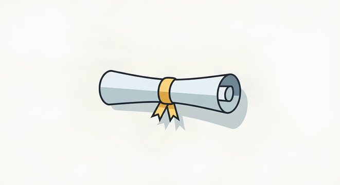 Cartoon diploma with yellow ribbon on white background