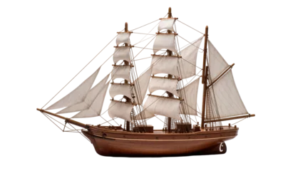 Fototapeten Schiff Detailed wooden sailing ship model with white sails, isolated on transparent background  © Sorin