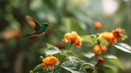 Obraz premium Hummingbird hovering near bright orange flower in green garden. Small exotic bird flying to collect nectar from blossom. Wildlife nature landscape, spring season, ecology concept.