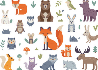 Obraz premium Cute forest animals collection, fox bear deer wolf owl rabbit cartoon flat vector forest animals collection, fox bear deer wolf owl rabbit cartoon flat vector illustration set