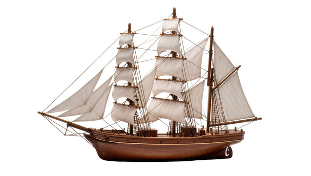 Detailed wooden sailing ship model with white sails, isolated on transparent background