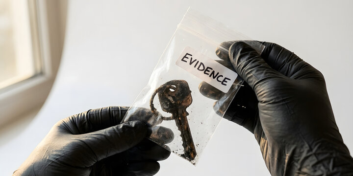 Forensic investigator holding a plastic evidence bag containing a burnt house key from a fire scene