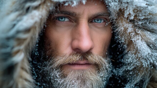 Portrait of bearded man with blue eye wearing fur hood covered in snow. Explorer surviving in cold weather during winter. Wilderness survival extreme condition winter adventure concept.