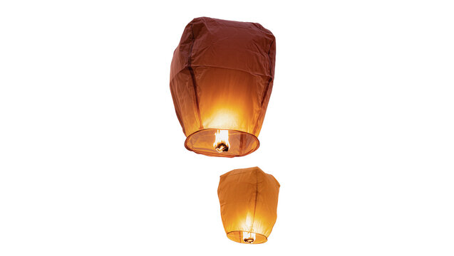 Two glowing sky lanterns with open flames, isolated on transparent background