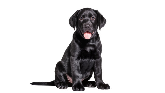 Young black Labrador retriever puppy sitting, isolated on transparent background