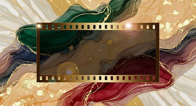 Golden film frame with abstract marble background and elegant flourishes