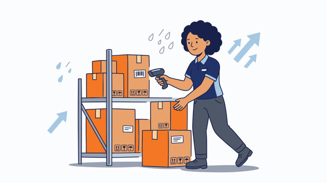 Person Scanning Boxes in a Warehouse Environment with Stacks of Orange Packages in the Background