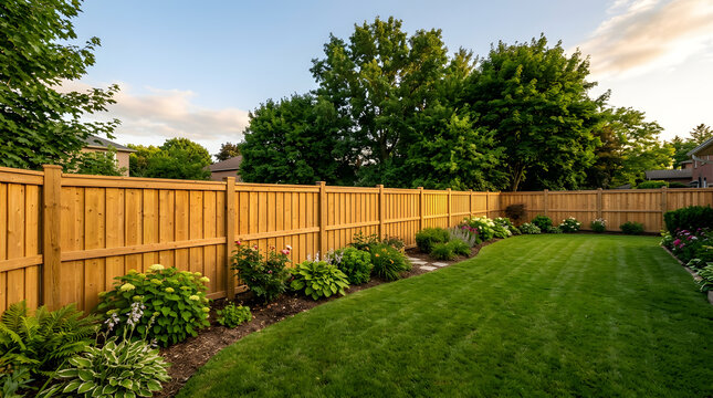 Beautiful Backyard Garden Landscape with New Wooden Privacy Fence | Lush Green Mown Lawn and Manicured Flower Beds | Suburban Outdoor Living Space Design | Residential Home Improvement Ideas