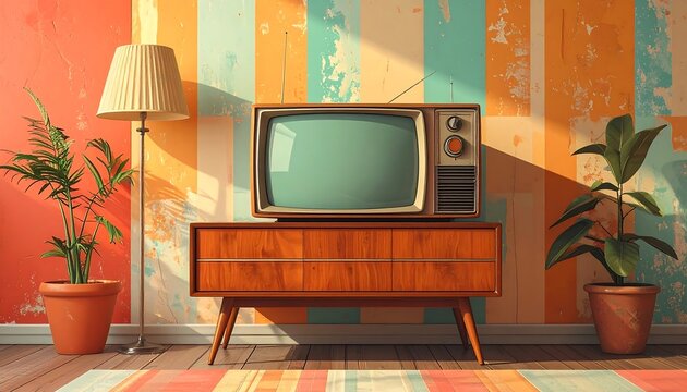 Vintage setup of a retro TV atop a wood console table, flanked by potted plants, against a striped wall backdrop