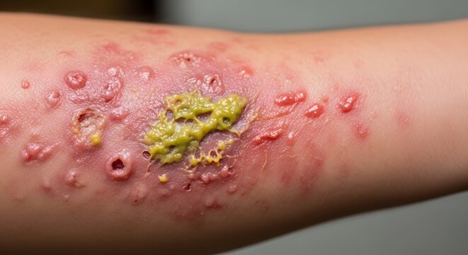 Infected wound with pus and redness on human skin