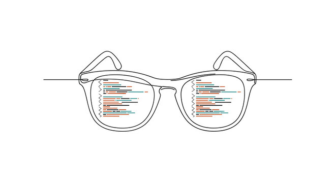 A continuous line drawing of eyeglasses with complex computer code reflected within the lenses on a plain white background in a clean minimalist design.