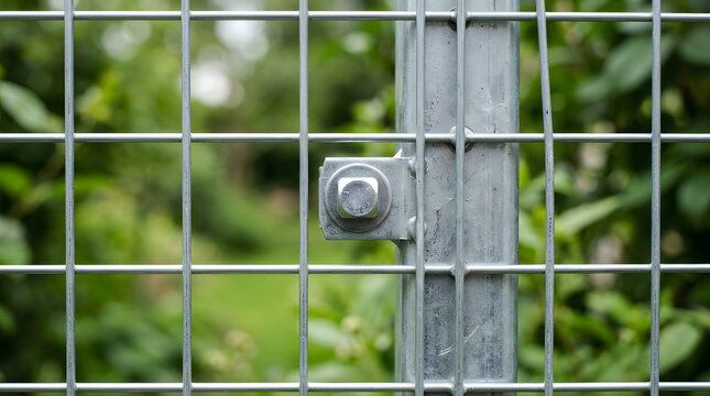 Close-up of Galvanized Steel Wire Mesh Fence with Bolt and Bracket | Secure Metal Grid Panel for Industrial and Residential Use | Durable Outdoor Security Barrier | Hardware and Metalwork Details