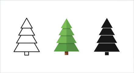 Obraz premium Diverse collection of simple pine tree icons in outline, flat, and solid styles, perfect for seasonal designs, winter celebrations, and festive graphic elements