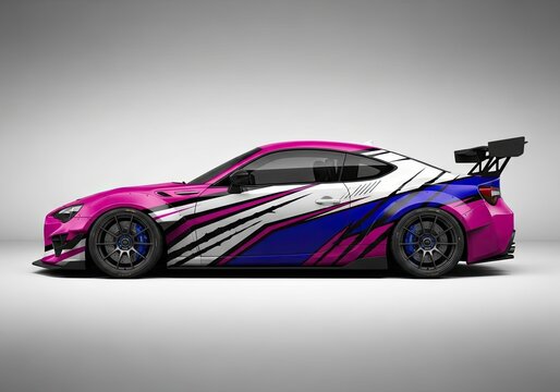 Pink and blue custom sports car in studio profile view