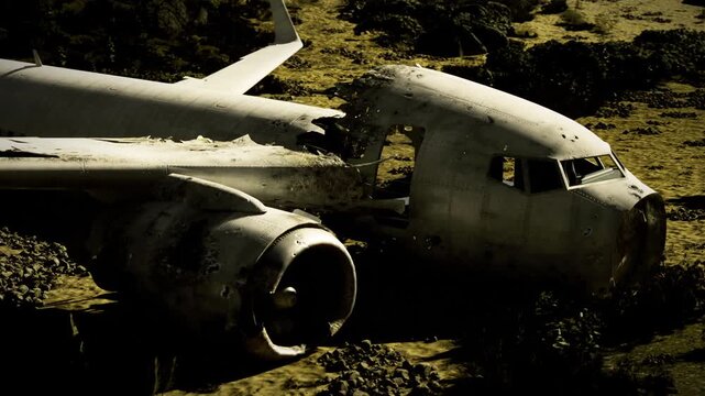 Dusk salvage operation around crashed plane shows tracks, scattered crates and staged equipment, amber light and long shadows hint at ongoing recovery