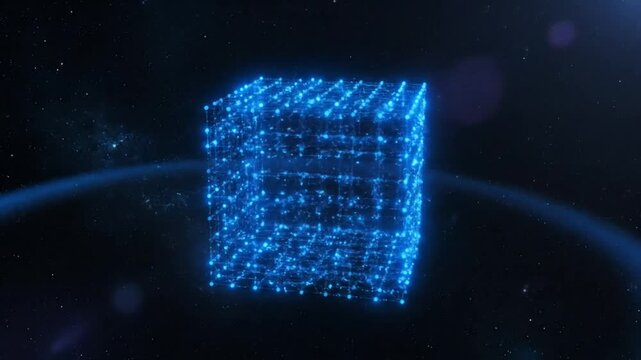 Futuristic Glowing Blue Cube in Space with Connecting Dots and Lines Representing Technology and Data