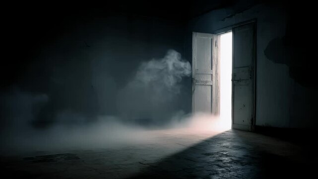 Empty industrial warehouse with fog and bright light, spotlights illuminate the space, creating dramatic atmosphere for creative projects, motion, cinematic footage.